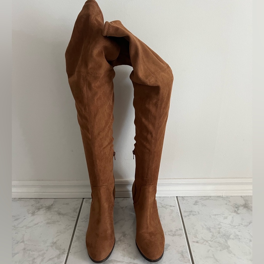 Like new over the knee suede like boots with back tie size 9